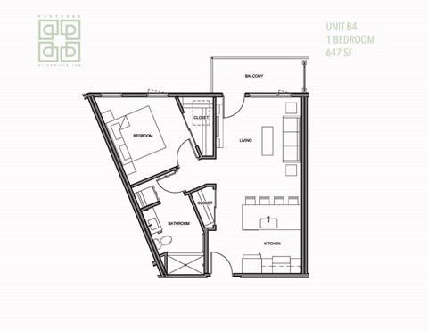 Floor plan for 1 bed, 1 bath, 644 sqft