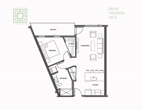 Floor plan for 1 bed, 1 bath, 704 sqft