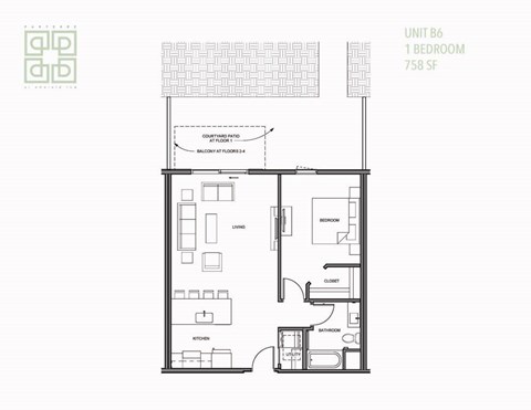 Floor plan for 1 bed, 1 bath, 760 sqft