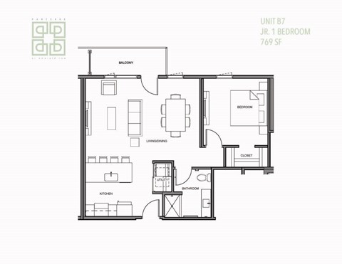 Floor plan for 1 bed, 1 bath, 776 sqft