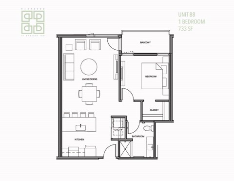 Floor plan for 1 bed, 1 bath, 733 sqft