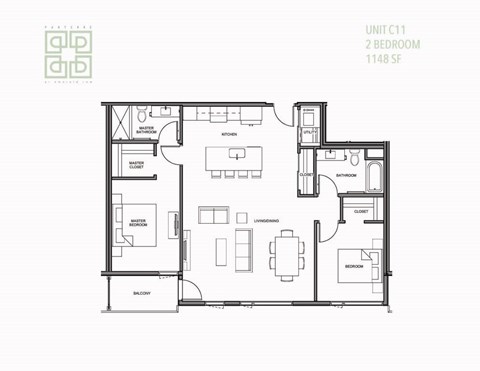 Floor plan for 2 beds, 2 baths, 1156 sqft