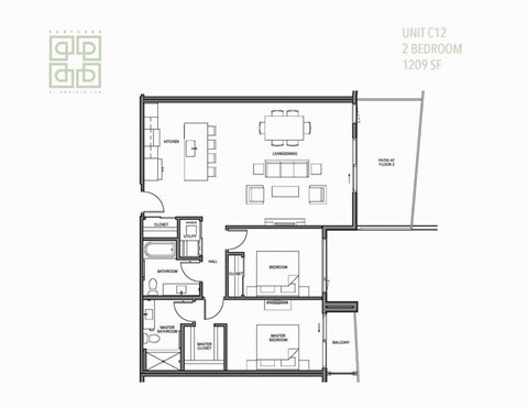 Floor plan for 2 beds, 2 baths, 1209 sqft