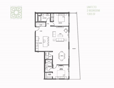 Floor plan for 2 beds, 2 baths, 1350 sqft