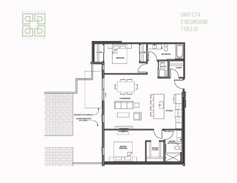 Floor plan for 2 beds, 2 baths, 1181 sqft
