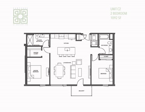 Floor plan for 2 beds, 2 baths, 1093 sqft