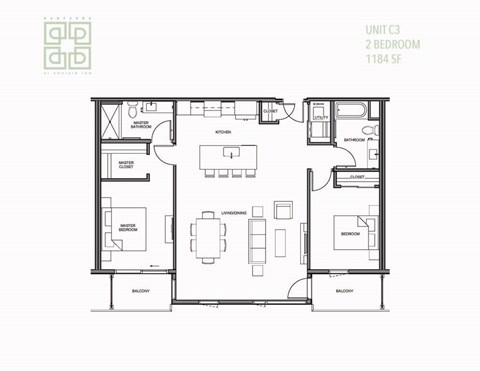 Floor plan for 2 beds, 2 baths, 1186 sqft