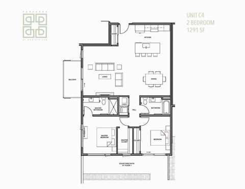 Floor plan for 2 beds, 2 baths, 1291 sqft