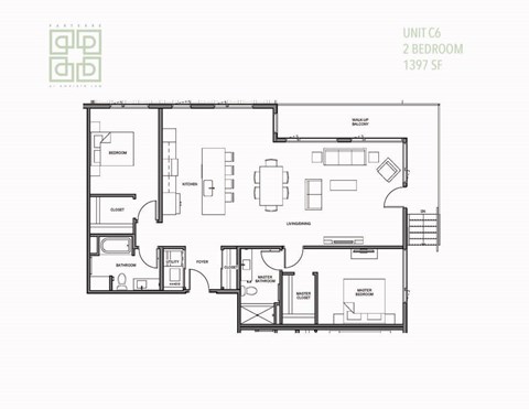 Floor plan for 2 beds, 2 baths, 1402 sqft