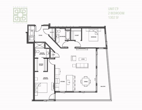 Floor plan for 2 beds, 2 baths, 1302 sqft