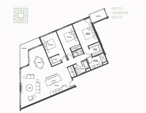 Floor plan for 3 beds, 2 baths, 1643 sqft