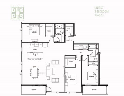 Floor plan for 3 beds, 2 baths, 1764 sqft