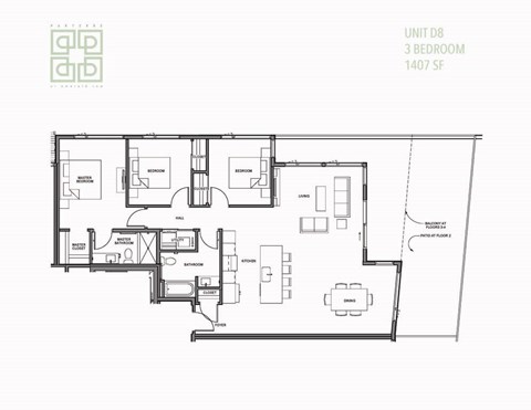 Floor plan for 3 beds, 2 baths, 1416 sqft