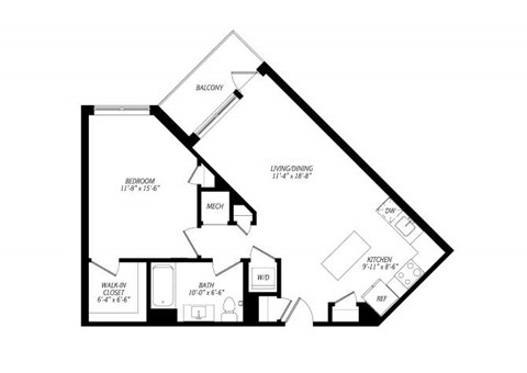 Floor plan for 1 bed, 1 bath, 760 sqft