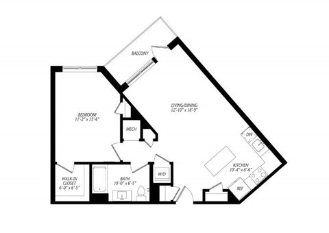 Floor plan for 1 bed, 1 bath, 785 sqft