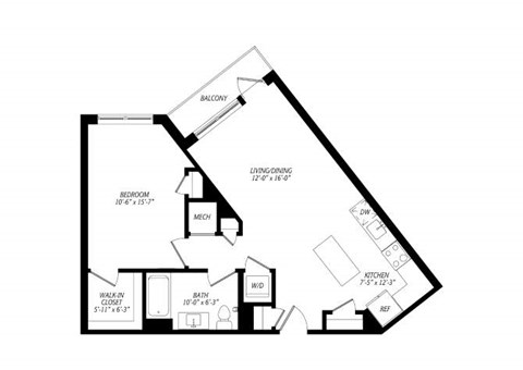 Floor plan for 1 bed, 1 bath, 750 sqft