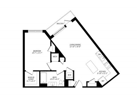 Floor plan for 1 bed, 1 bath, 780 sqft