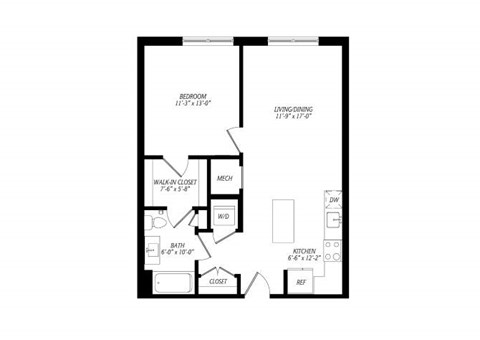 Floor plan for 1 bed, 1 bath, 720 sqft