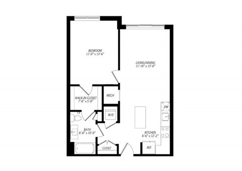 Floor plan for 1 bed, 1 bath, 744 sqft