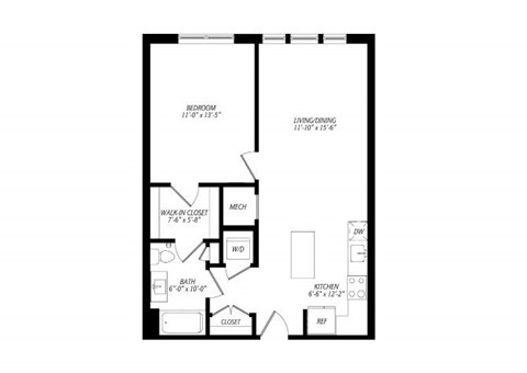 Floor plan for 1 bed, 1 bath, 768 sqft