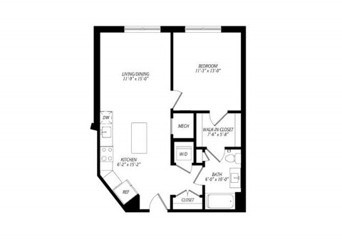 Floor plan for 1 bed, 1 bath, 708 sqft