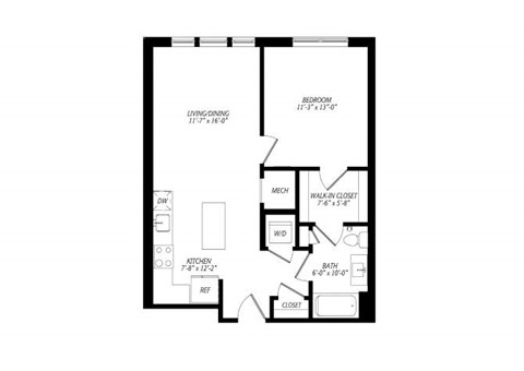 Floor plan for 1 bed, 1 bath, 708 sqft