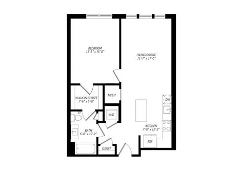Floor plan for 1 bed, 1 bath, 757 sqft