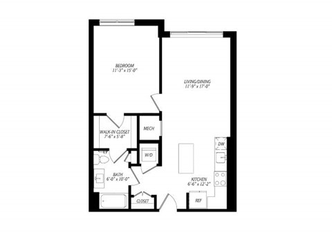 Floor plan for 1 bed, 1 bath, 744 sqft