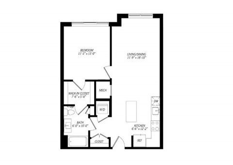 Floor plan for 1 bed, 1 bath, 740 sqft