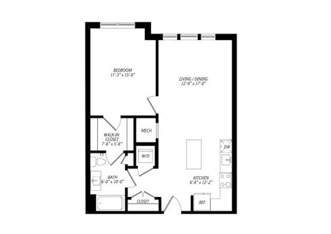 Floor plan for 1 bed, 1 bath, 768 sqft
