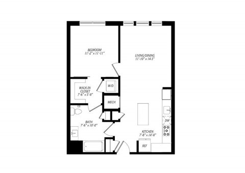 Floor plan for 1 bed, 1 bath, 744 sqft