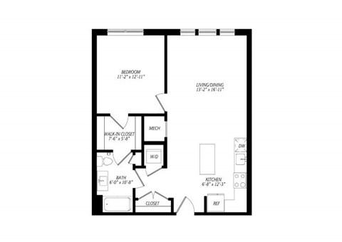 Floor plan for 1 bed, 1 bath, 765 sqft
