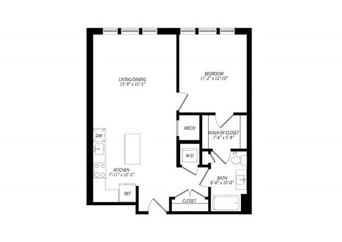 Floor plan for 1 bed, 1 bath, 776 sqft