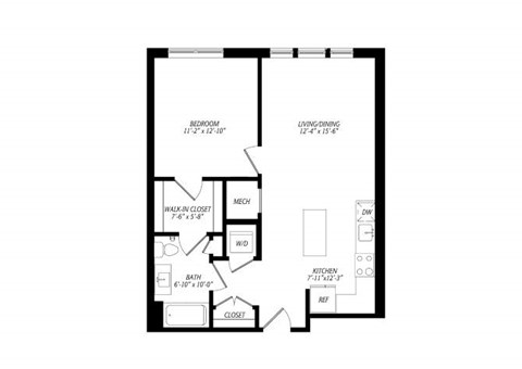 Floor plan for 1 bed, 1 bath, 731 sqft