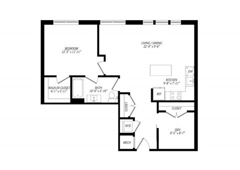 Floor plan for 1 bed, 1 bath, 888 sqft