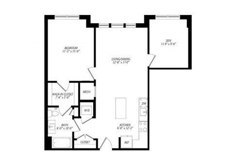 Floor plan for 1 bed, 1 bath, 893 sqft
