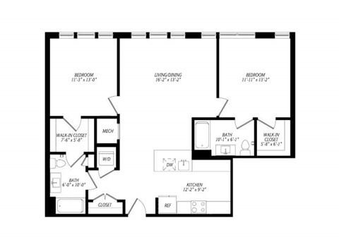 Floor plan for 2 beds, 2 baths, 1127 sqft