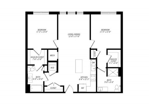 Floor plan for 2 beds, 2 baths, 1080 sqft