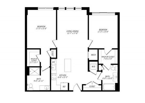 Floor plan for 2 beds, 2 baths, 1128 sqft