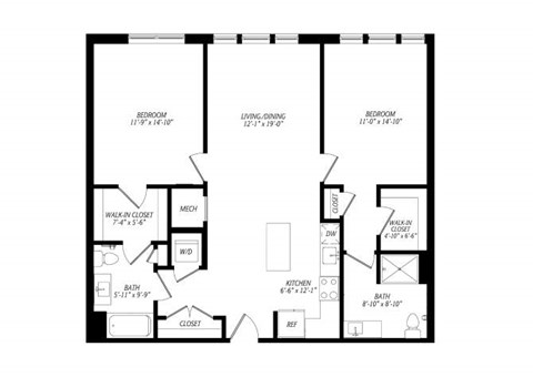 Floor plan for 2 beds, 2 baths, 1152 sqft