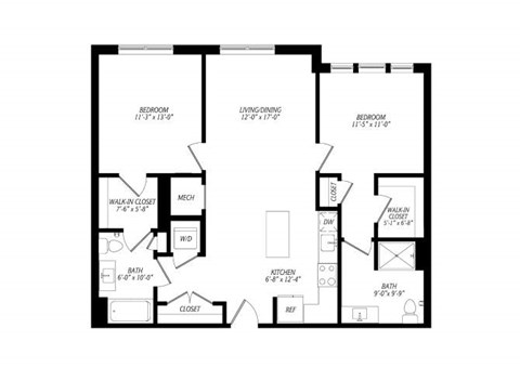 Floor plan for 2 beds, 2 baths, 1056 sqft