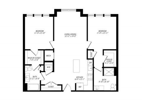 Floor plan for 2 beds, 2 baths, 1131 sqft