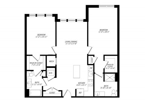 Floor plan for 2 beds, 2 baths, 1170 sqft