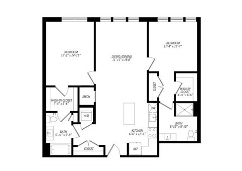 Floor plan for 2 beds, 2 baths, 1121 sqft