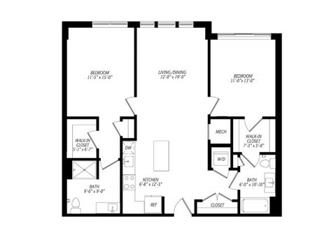 Floor plan for 2 beds, 2 baths, 1128 sqft