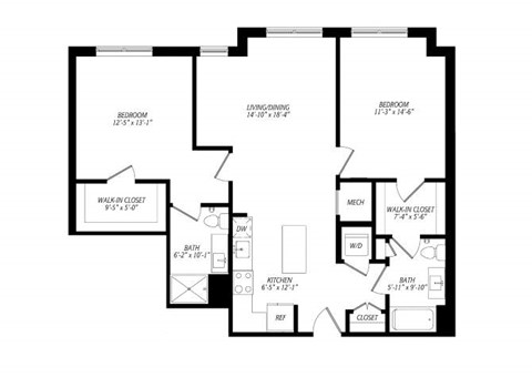 Floor plan for 2 beds, 2 baths, 1115 sqft