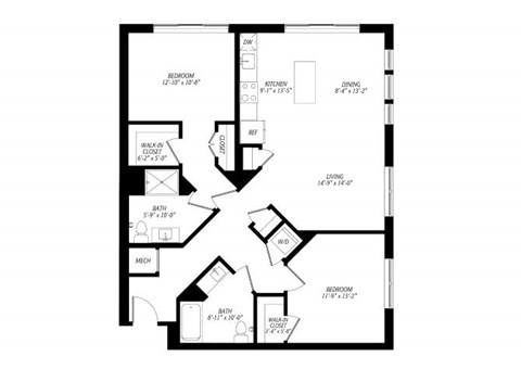 Floor plan for 2 beds, 2 baths, 1186 sqft