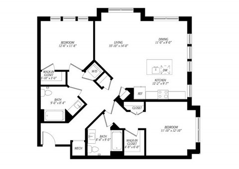 Floor plan for 2 beds, 2 baths, 1180 sqft