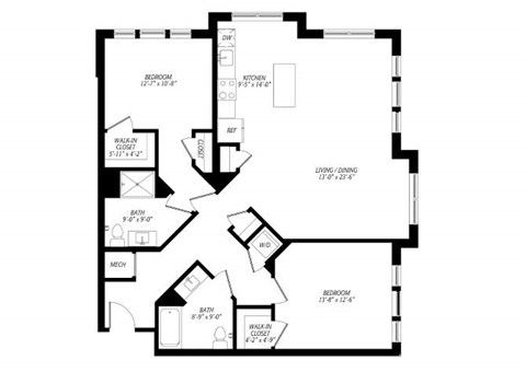 Floor plan for 2 beds, 2 baths, 1295 sqft