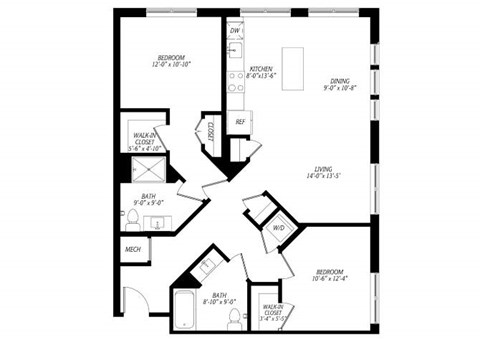 Floor plan for 2 beds, 2 baths, 1130 sqft